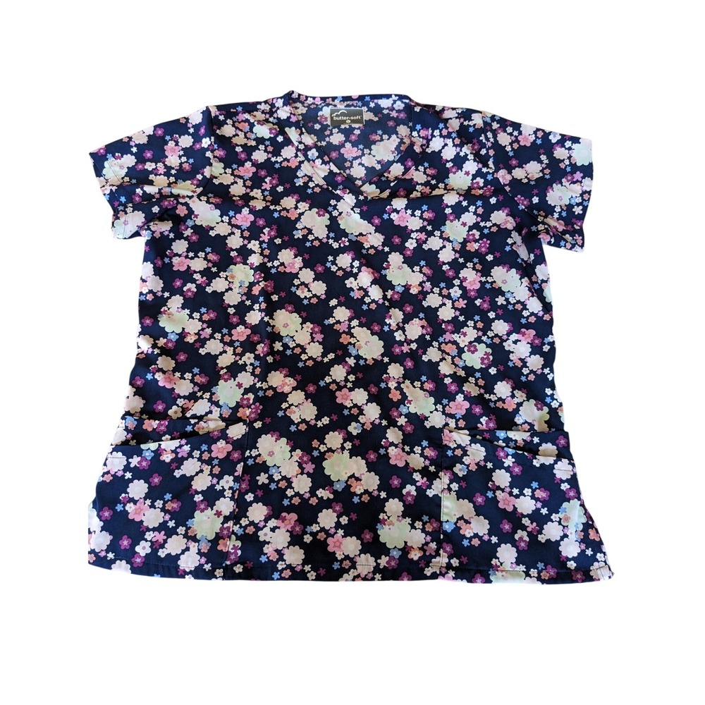 Butter-Soft Womens V-Neck Floral Scrub Top Navy Blue Pink Large TS697
